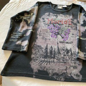 Women's top  - T shirt  -(wine theme) Merlot  size L  Black  100% cotton.